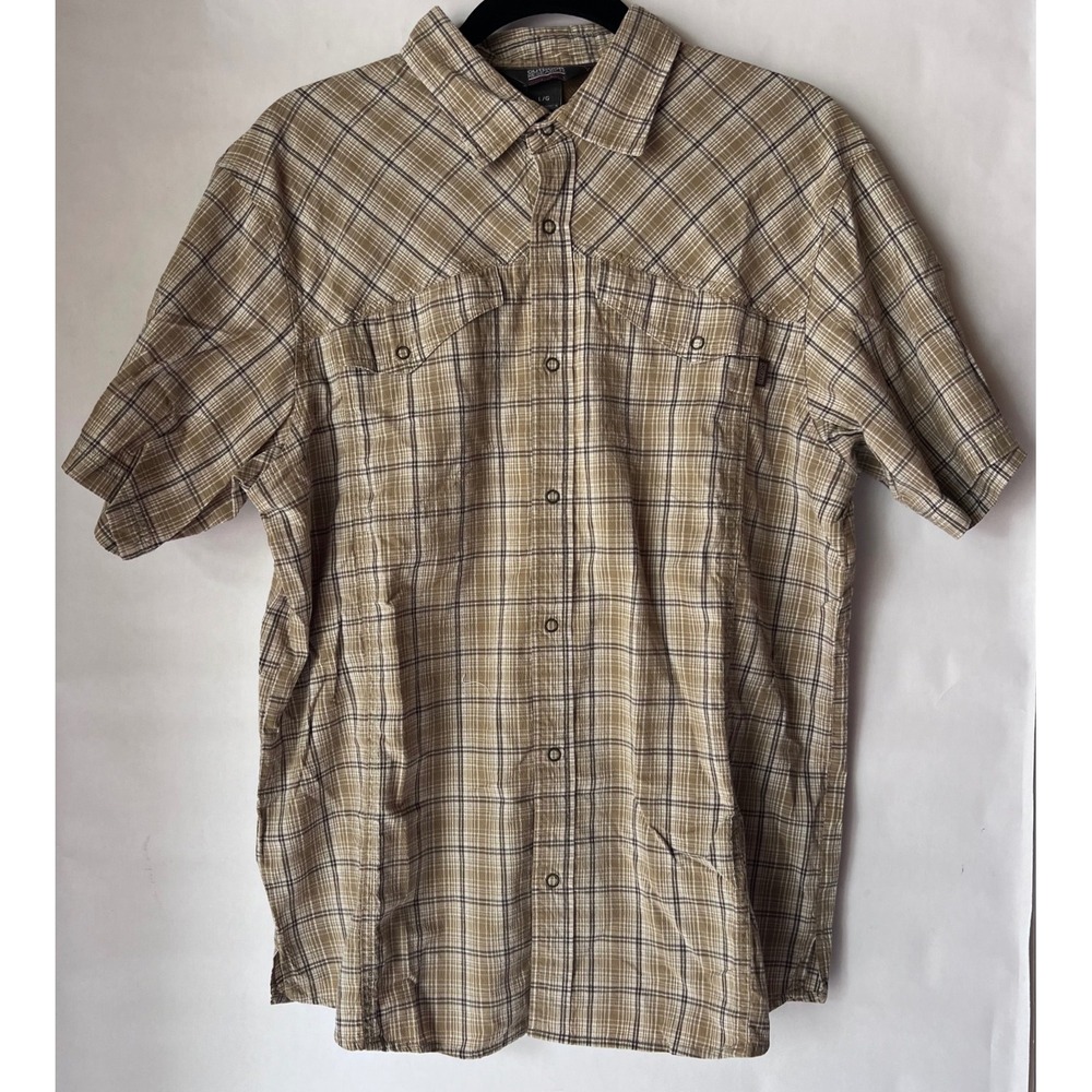 Outdoor Research Mens Large Brown Plaid Short Sleeve Button Down Hiking Shirt